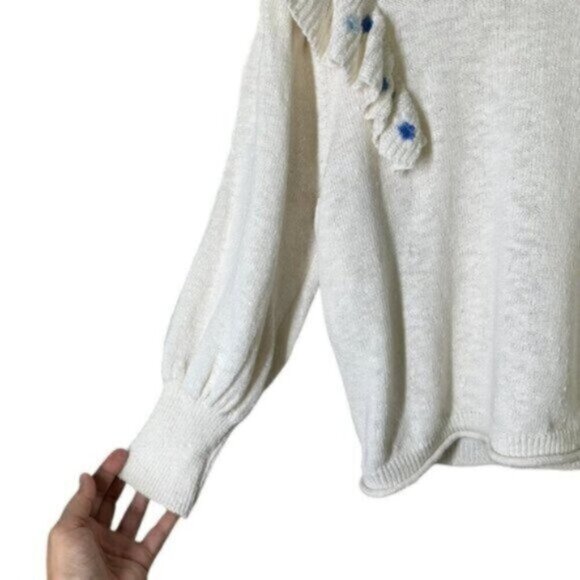 Something Navy | Cream & Embroidered Blue Flower Ruffle Crewneck Sweater Size M - Picture 3 of 6